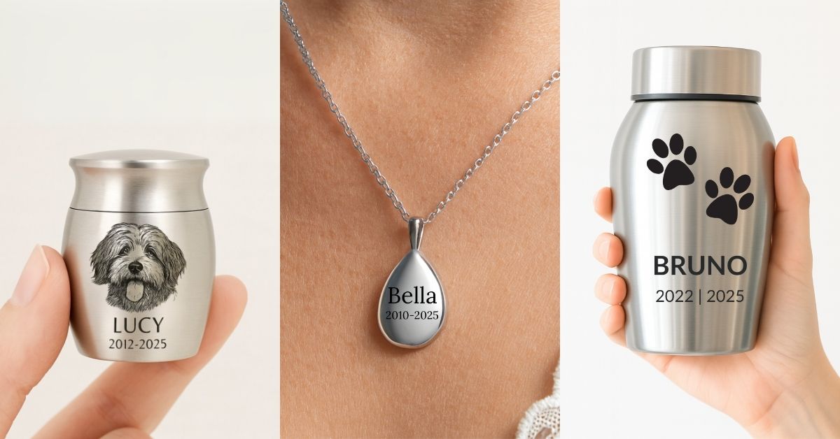 Trzy srebrne pamiątki po zwierzętach: mini urna Lucy, naszyjnik z prochami Belli oraz urna Bruna z odciskami łap i wygrawerowanymi datami.